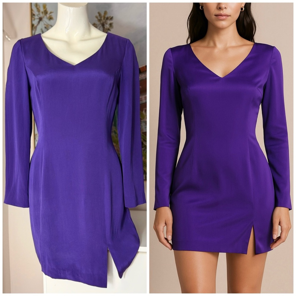Vintage 90s Hugo Buscati Purple 100% Silk V-Neck Sheath Mini Dress Size 10